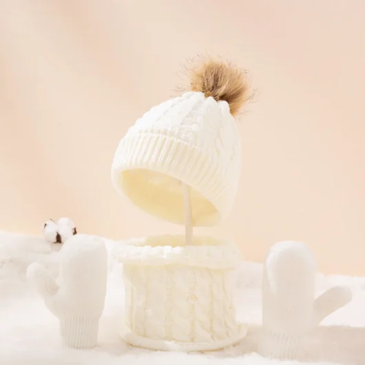 3-pack Baby / Toddler Pompon Decor Pure Color Cable Knit Beanie Hat and Scarf and Mittens Set