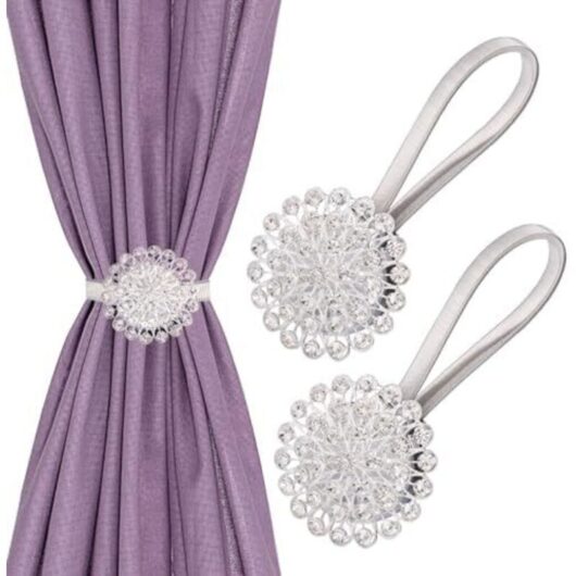 32cm Crystal Magnetic Curtain Tiebacks, 2PCS Magnetic Curtain Buckles, Spring Wire Holdbacks, No Drilling Required, Home Office Decoration - Silver