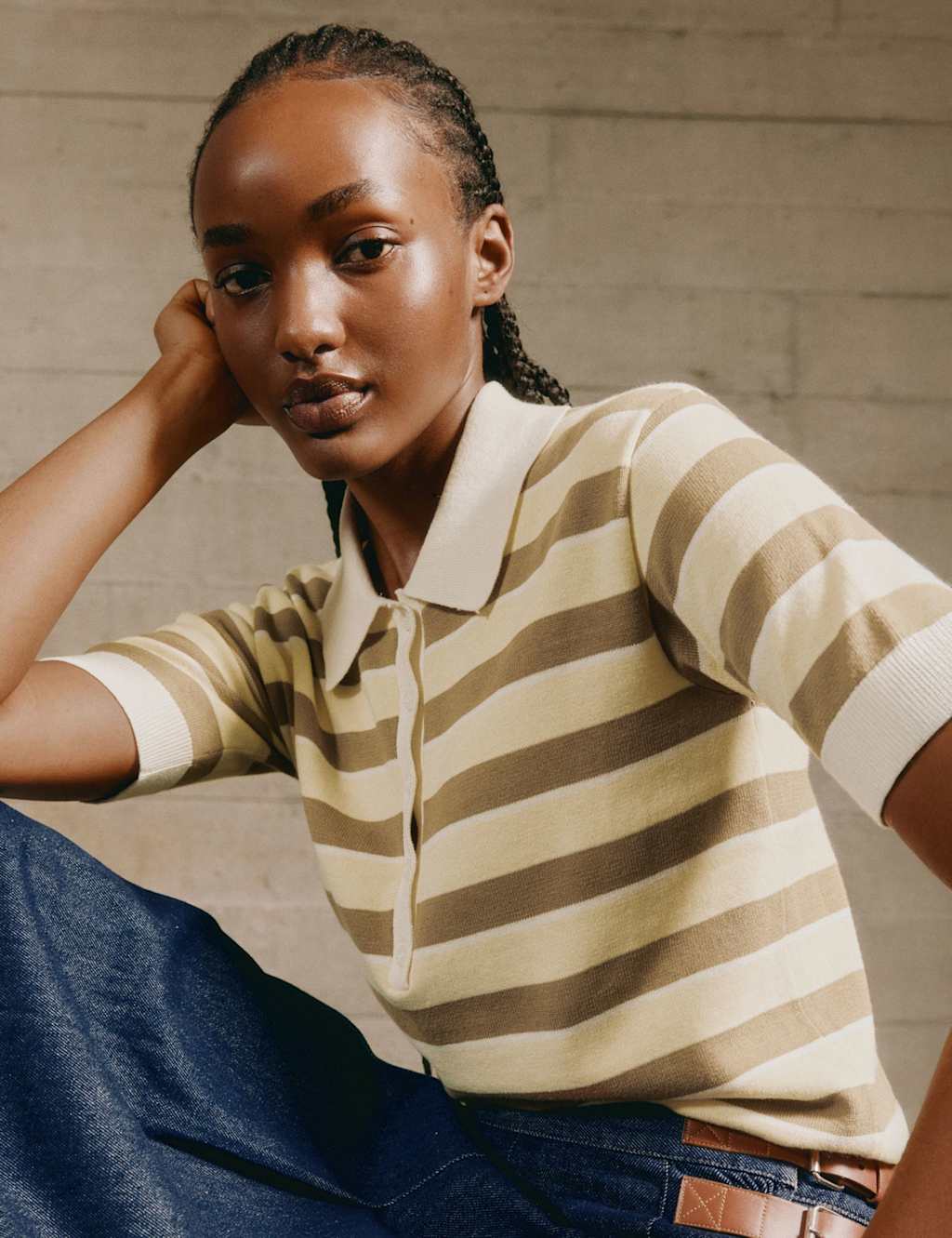 Albaray Pure Cotton Striped Knitted Polo Shirt Yellow Mix