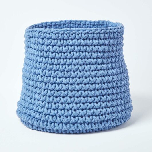 Blue Cotton Knitted Round Storage Basket, 42 x 37cm - Homescapes