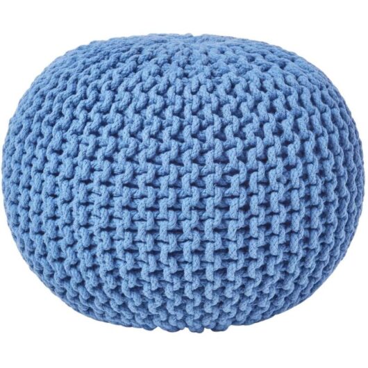 Blue Round Cotton Knitted Pouffe Footstool - Homescapes