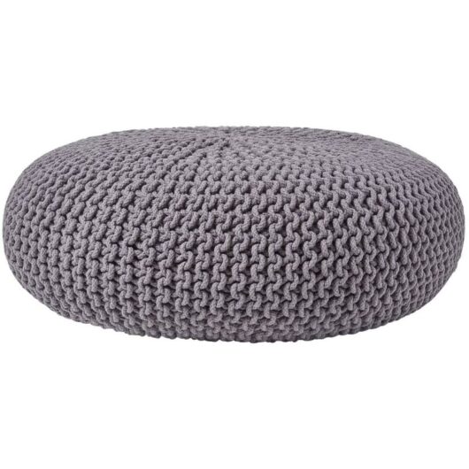 Dark Grey Large Round Cotton Knitted Pouffe Footstool - Homescapes