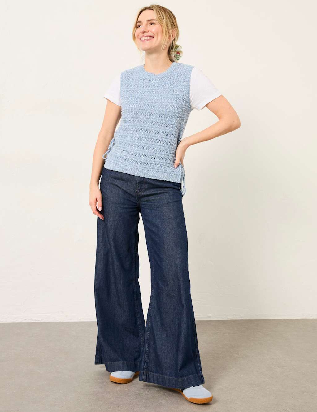 FatFace Cotton Blend Tie Detail Knitted Tank Top Chambray
