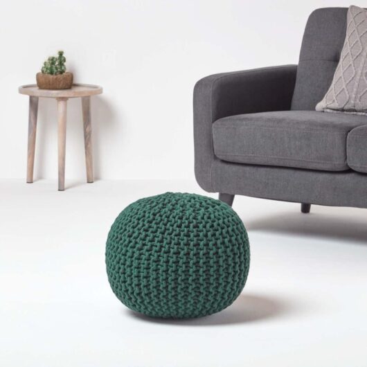 Forest Green Round Cotton Knitted Pouffe Footstool - Homescapes