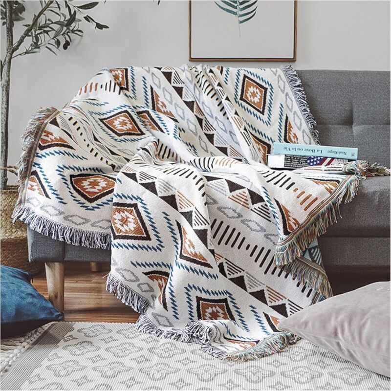(Geometric patterns, 130x180cm) Sofa throw with tassel, knitted blanket, Aztec ethnic style blanket, for home, office, travel, camping