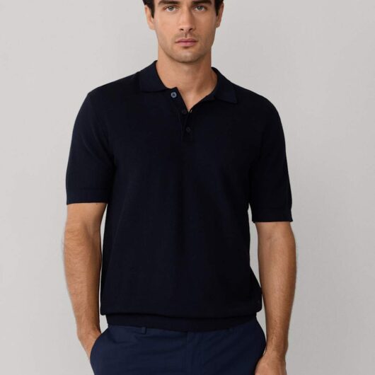 Hackett Cotton Rich Knitted Polo Shirt with Cashmere Navy