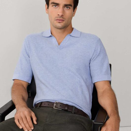 Hackett Pure Cotton Open Neck Knitted Polo Shirt Light Blue