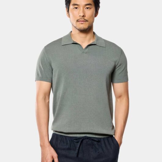 Hawes & Curtis Pure Cotton Open Collar Knitted Polo Shirt Green