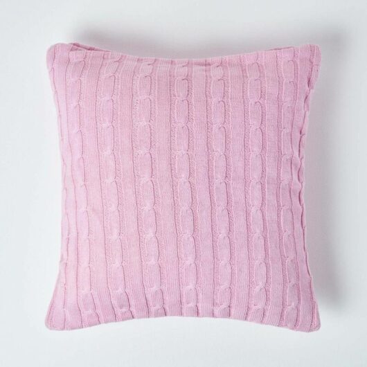 Homescapes - Cotton Cable Knit Pastel Pink Cushion Cover, 45 x 45 cm