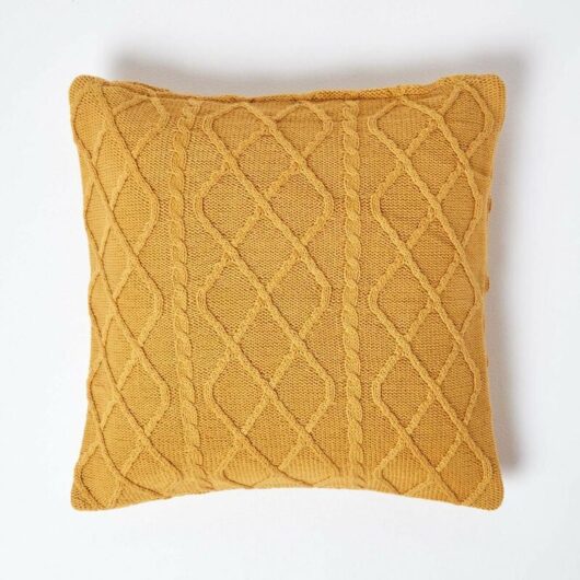 Homescapes - Mustard Diamond Cable Knit Cushion Cover, 45 x 45 cm