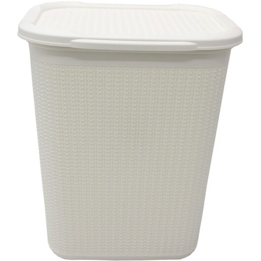 JVL - Knit Design Loop Plastic Rectangular Lidded Washing Laundry Basket, Ivory