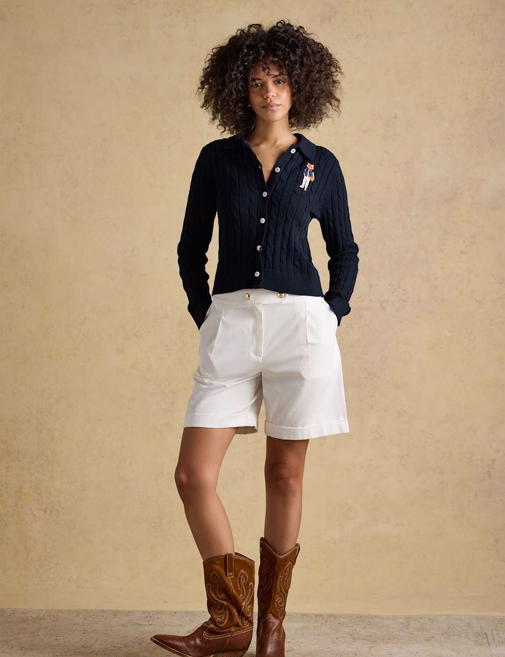 Joules Pure Cotton Cable Knit Collared Cardigan Navy Mix