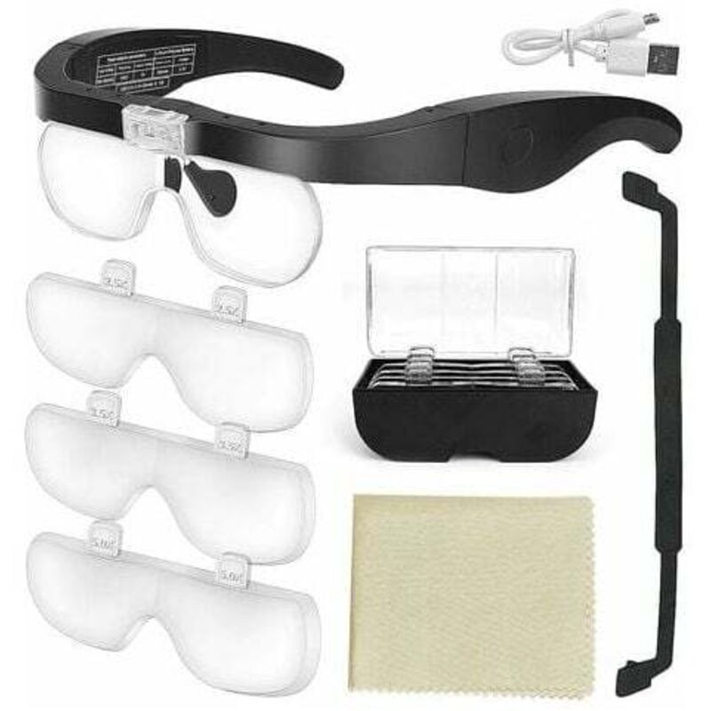 Magnifying Glass with 2 led Lights, Hands-Free Front Magnification for Sewing, Reading, Repairing, Jewelry, Watches and Crafts, 4 Removable Lenses