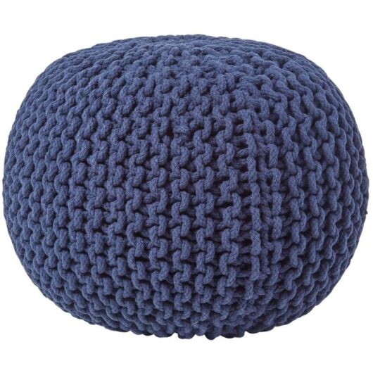 Navy Blue Round Cotton Knitted Pouffe Footstool - Homescapes