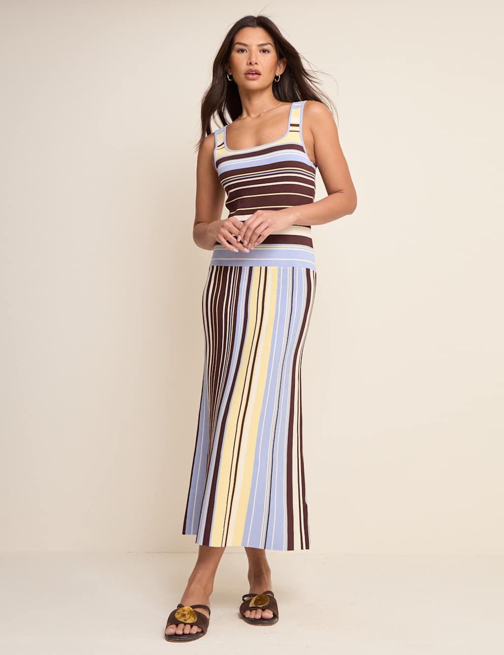 Nobody's Child Striped Knitted Square Neck Midi Bodycon Dress Multi