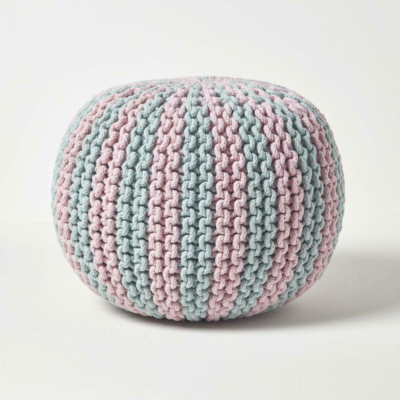 Pink and Blue Knitted Pouffe Striped Footstool 35 x 40 cm - Homescapes