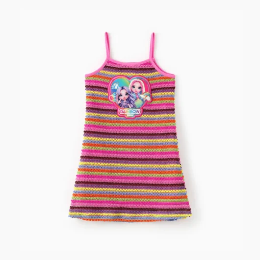 Rainbow High Toddler/Kid Girl 1pc Violet Amaya Colorful Striped Knitted Camisole dress Sweet Stripe Girls Dress with Hanging Strap, 1pc, Polyester, Regular Category