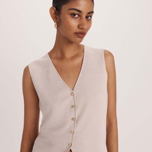 SABA Sparkly V-Neck Button Through Knitted Vest Champagne