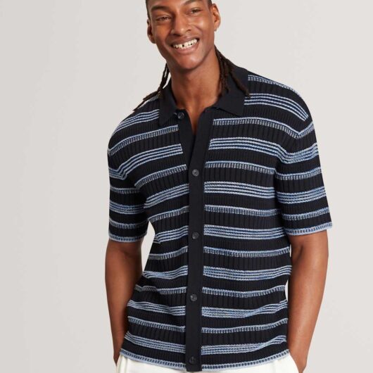 Ted Baker Pure Cotton Striped Short Sleeve Knitted Shirt Navy