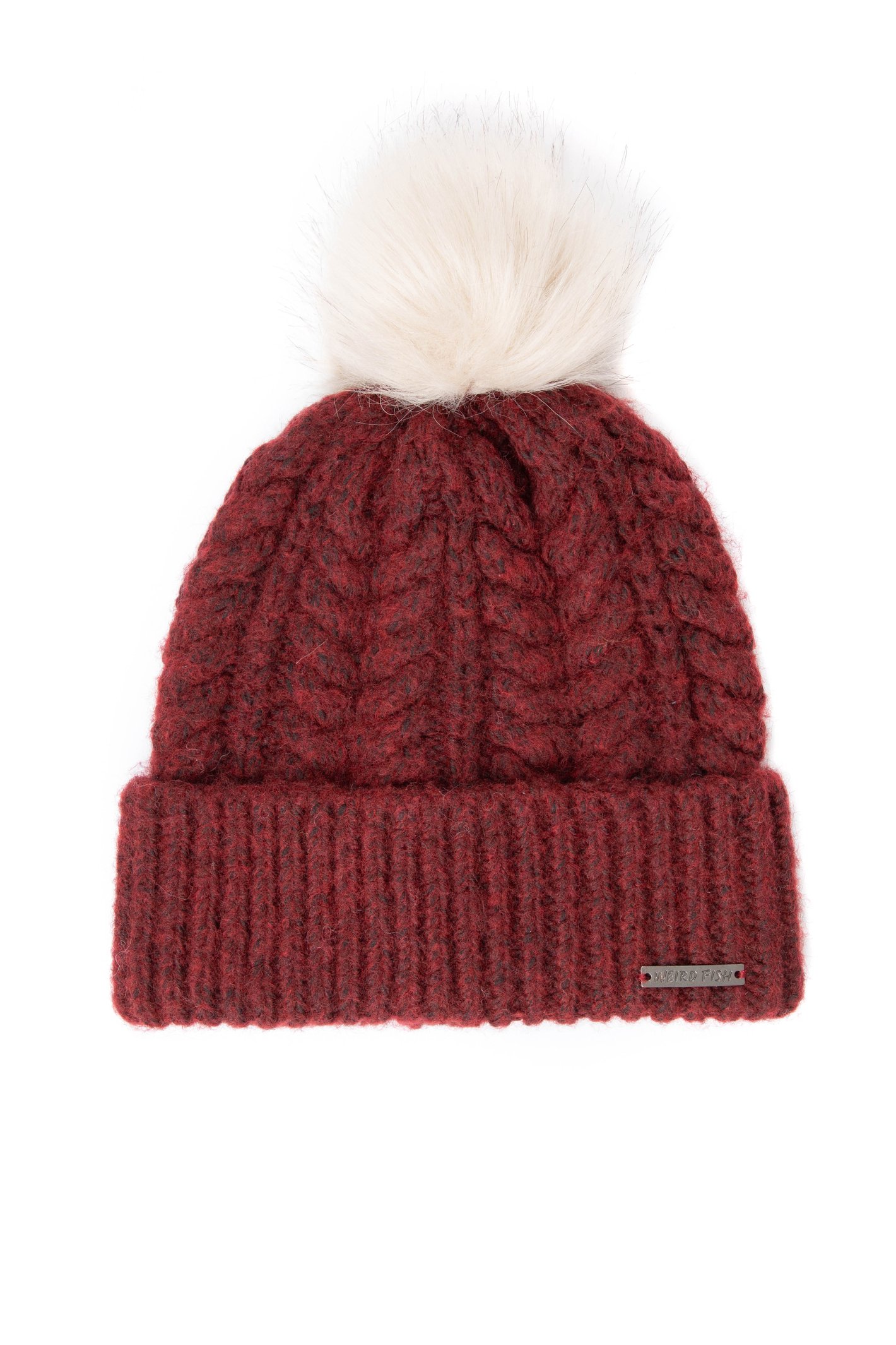 Weird Fish Allerton Cable Knit Bobble Hat Garnet Size ONE