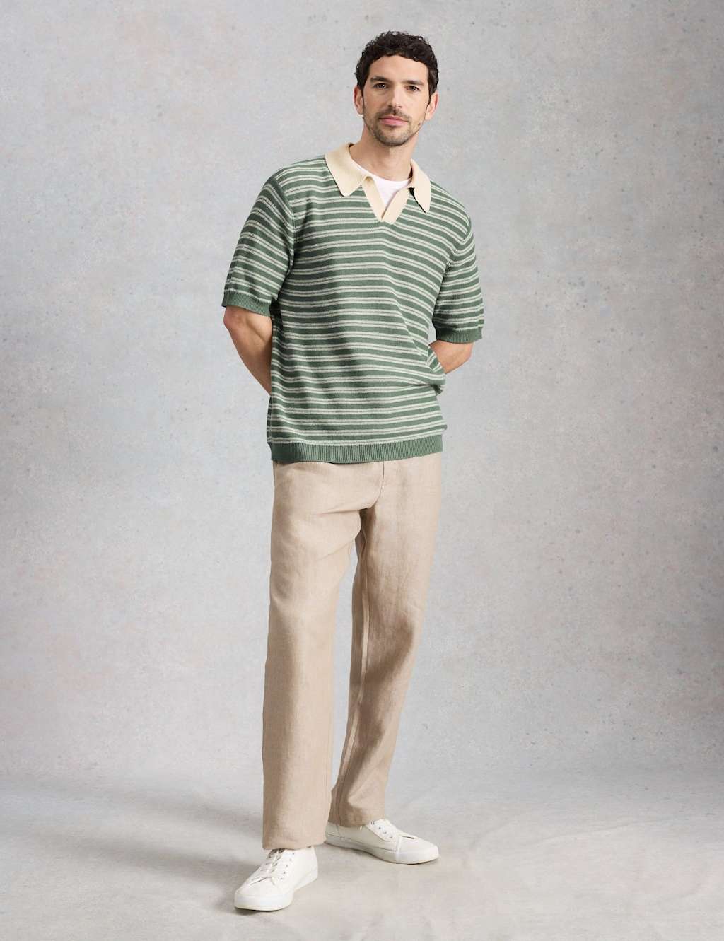 White Stuff Cotton Linen Blend Striped Knitted Polo Shirt Green Mix